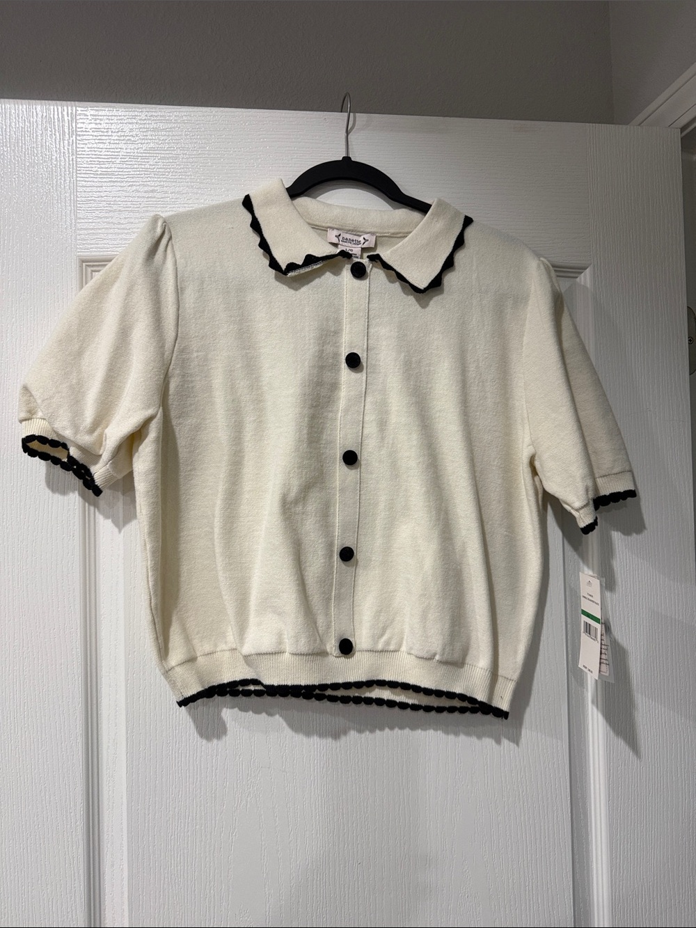 Nanette Lepore Cream Knit Short-Sleeve Cardigan with Black Trim